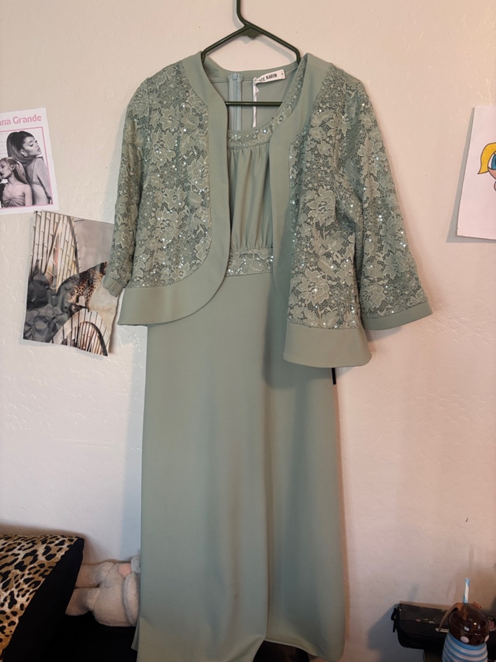 Grace Karin Sage Green Lace-Trim Dress
